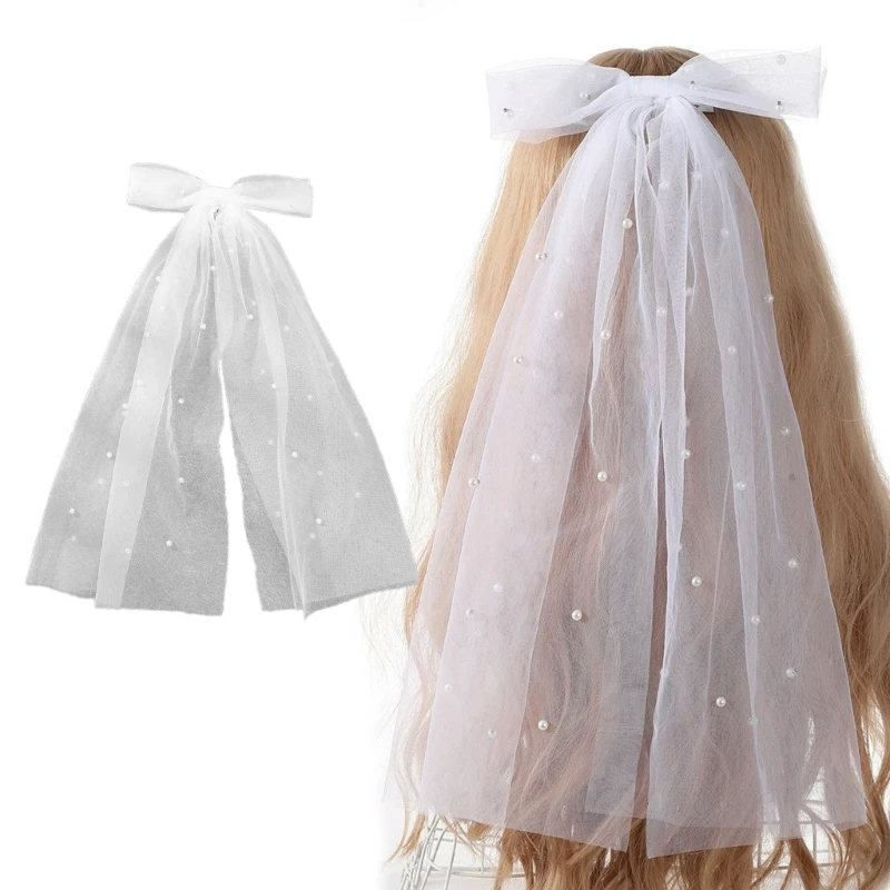 

Flower Girl Veil Pearls Bow Head Covering Wedding Hair Accessories White Wedding Veil Headscarf Simple Short Veil