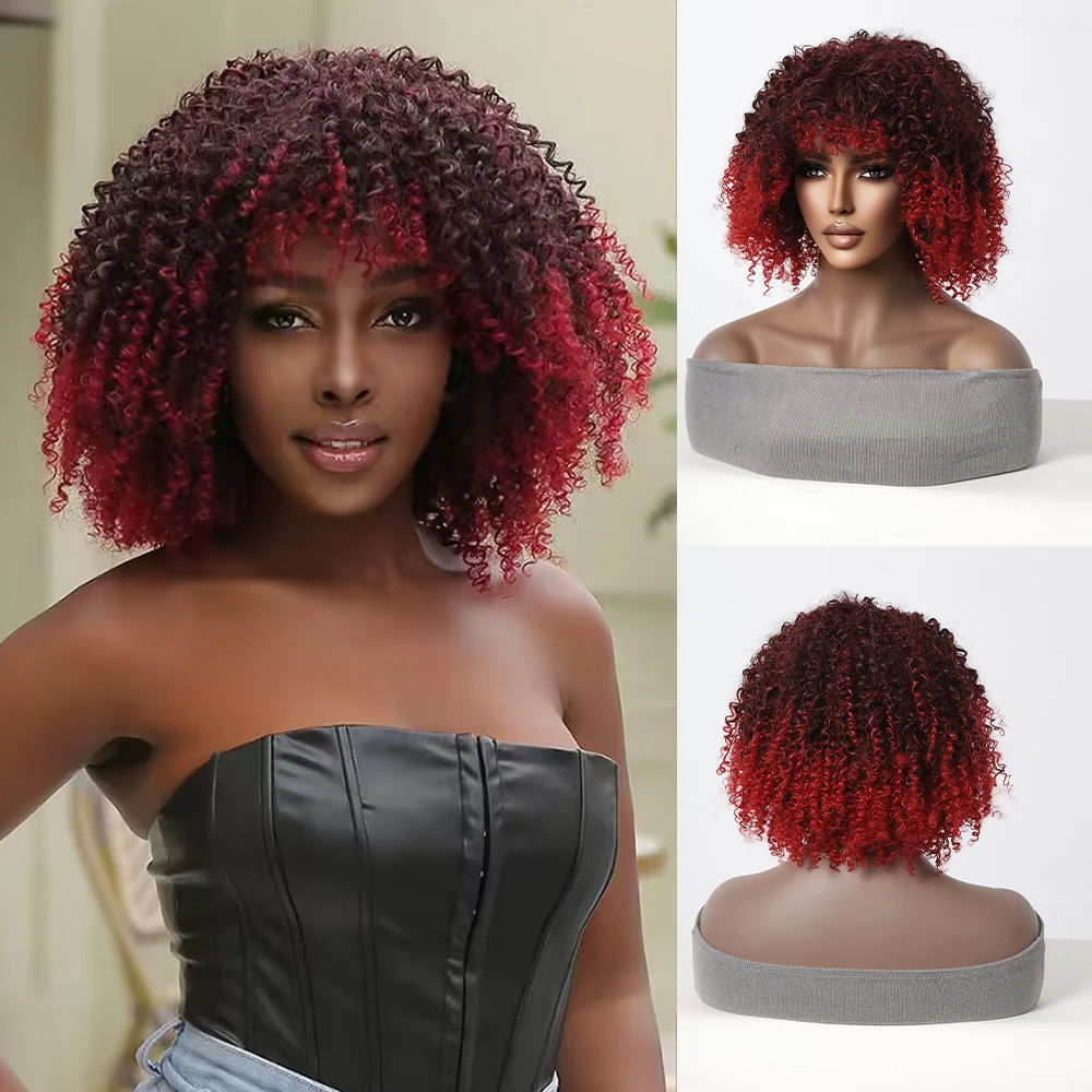 

Afro Kinky Curly Bomb Synthetic Wigs Dark Black Red Ombre Short Curls Wig with Bangs Full Fluffy for Women Brilizian Daily Party