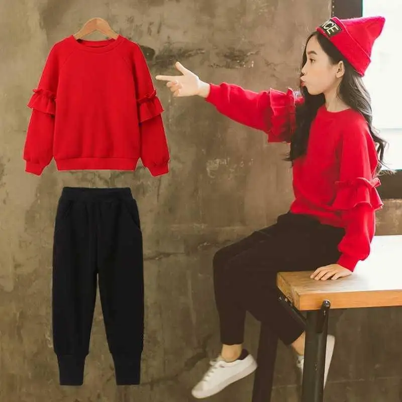 

Young Girls' 2023 Spring Autumn Red Sets Long Sleeve Top O-neck Cuffed Pants Two Pieces Causal Fashionable 5-14 Years Old
