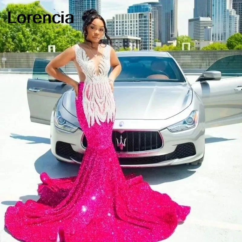 

Lorencia Sparkly Fuchsia Sequins Mermaid Prom Dress For Black Girls Beading Crystals Formal Party Gown Vestidos De Festa YPD42