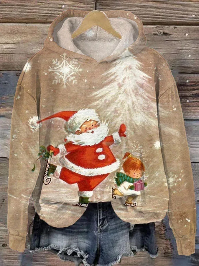 

Женская толстовка с капюшоном, пуловер с принтом Санта-Клауса и рождественской елки, свободный уличный свитшот с длинным рукавом, топ на весну, осень и зиму