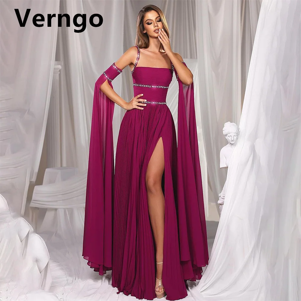 

Verngo Purple Chiffon Sequined Prom Gowns Side Slit A Line Party Dress For Women Spaghetti Straps With Cape Formal Dress