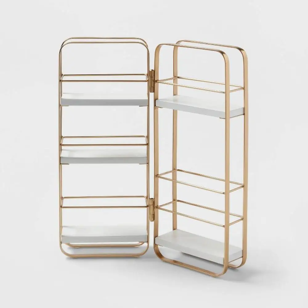 Metal Frame Foldable Tabletop Organizer with Multiple Open Shelves White and Gold Bathroom Makeup Vanity Storage Cart Compact
Metal Frame Foldable Tabletop Organizer with Multiple Open Shelves White and Gold Bathroom Makeup Vanity Storage Cart Compact