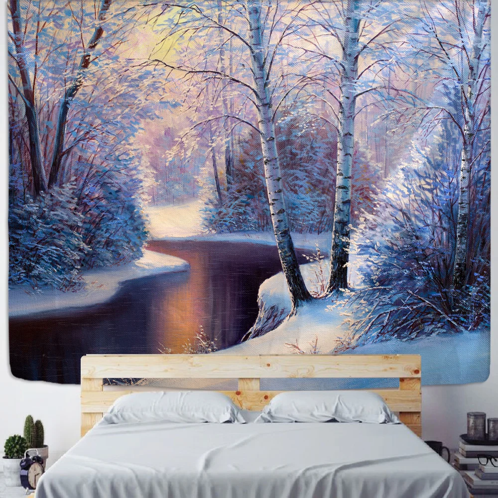 

House Tapestry Ice and Snow Style Wall Hanging Merry Christmas Tapestry Village Wooden for Home Hand Wash Woven 100% Polyester