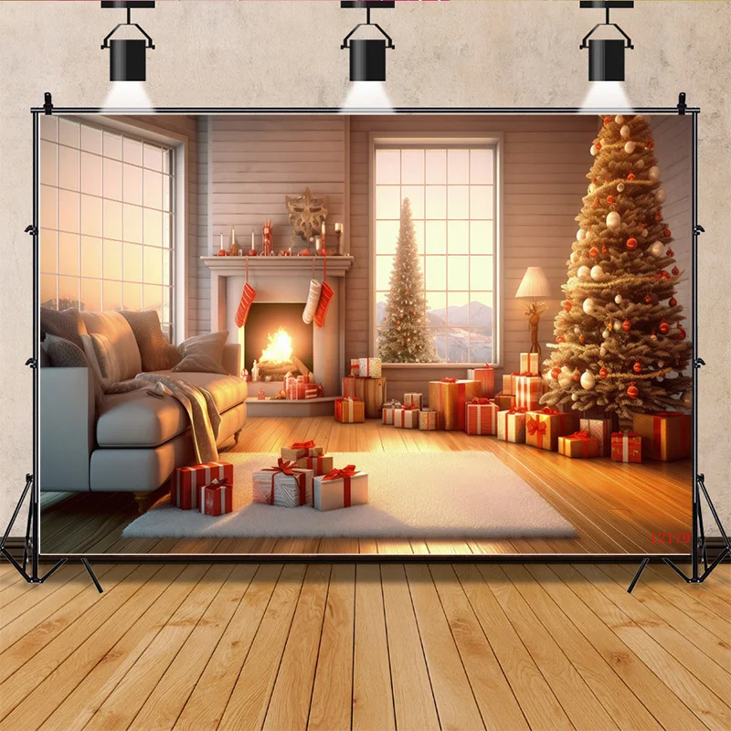

SHENGYONGBAO Christmas Day Fireplace Photography Backdrops New Year Candy Chimneys Snowflake Window Studio Background WW-51