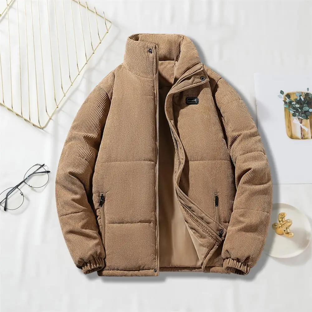 

Зимнее хлопковое пальто со стоячим воротником, толстая подкладка, ветрозащитный Теплый однотонный с длинными рукавами и карманами, эластичные манжеты, застежка-молния средней длины