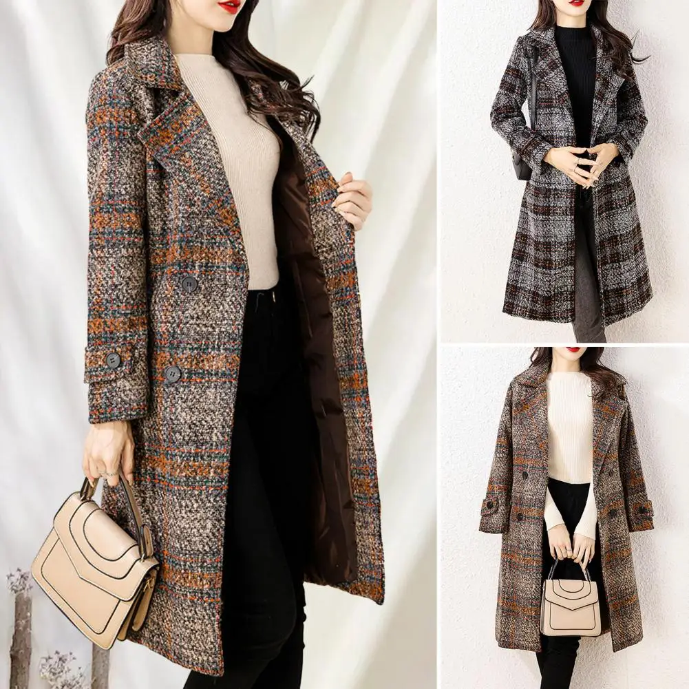 

Двубортное пальто, стильное Женское шерстяное пальто в клетку с принтом, двубортная облегающая верхняя одежда средней длины на осень/зиму