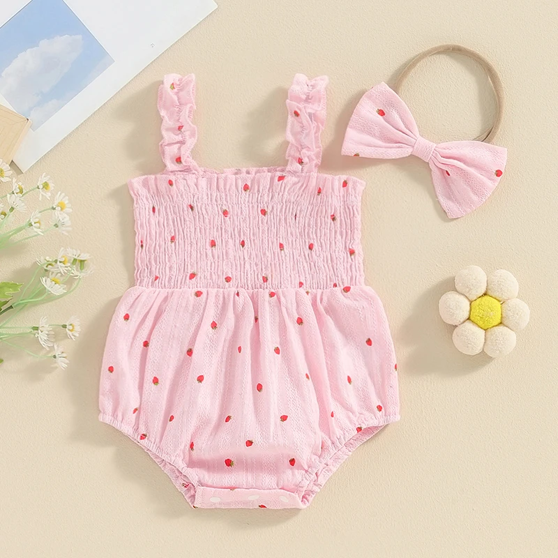 

Newborn Infant Baby Girl Summer Outfits Suspender Ruched Bodysuit Strawberry Print Romper With Bow Headband