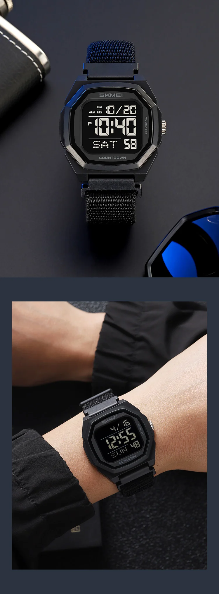 SKMEI Men Sport Casual Watch Matte Black Octagon Case Silicone Nylon Band Digital Display 50M Waterproof Countdown Watches 2495 SKMEI Men Sport Casual Watch Matte Black Octagon Case Silicone Nylon Band Digital Display 50M Waterproof Countdown Watches 2495