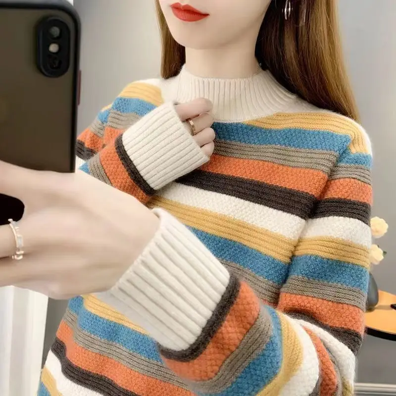 

Autumn and Winter Women's Pullover Half High Neck Striped Sweater Loose and Thickened Knitted Underlay Fashion Long Sleeve Tops