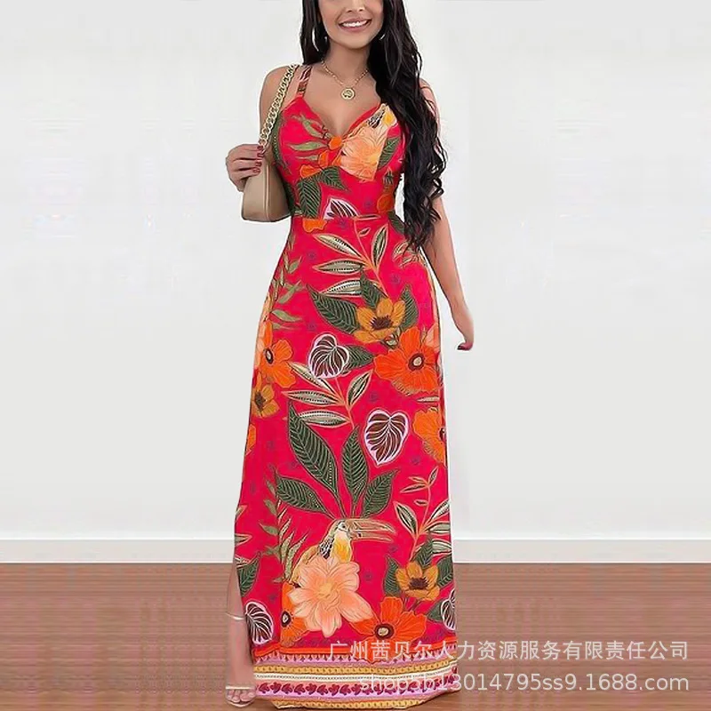 

Y2K Spaghetti-Strap Floral Dress Backless Sexy Summer Camis Dress Women Sexy V-neck Tropical Print Crisscross Maxi Dress