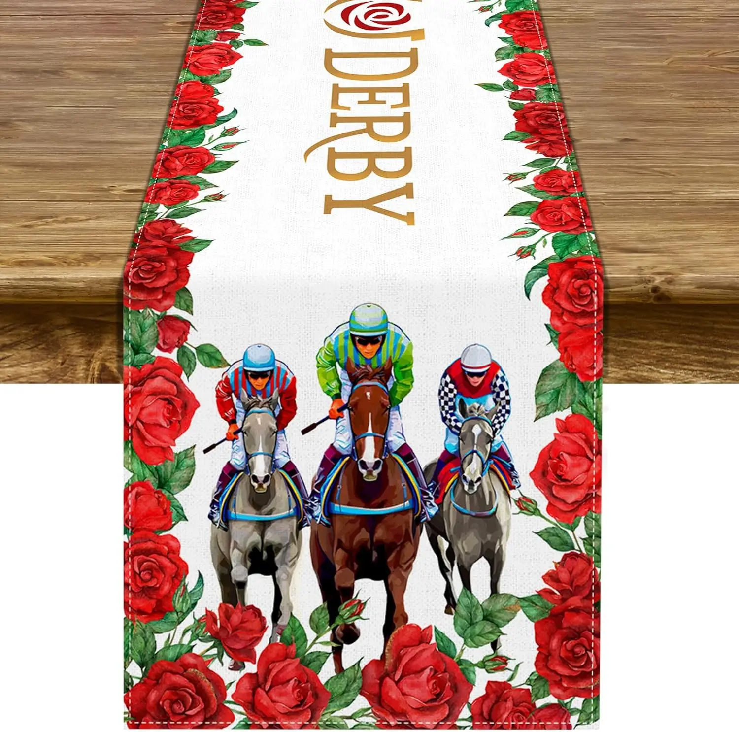 

Kentucky Derby Linen Table Runners Run for The Roses Jockey Horse Racing Party Decor Washable Kitchen Dining Room Decorations