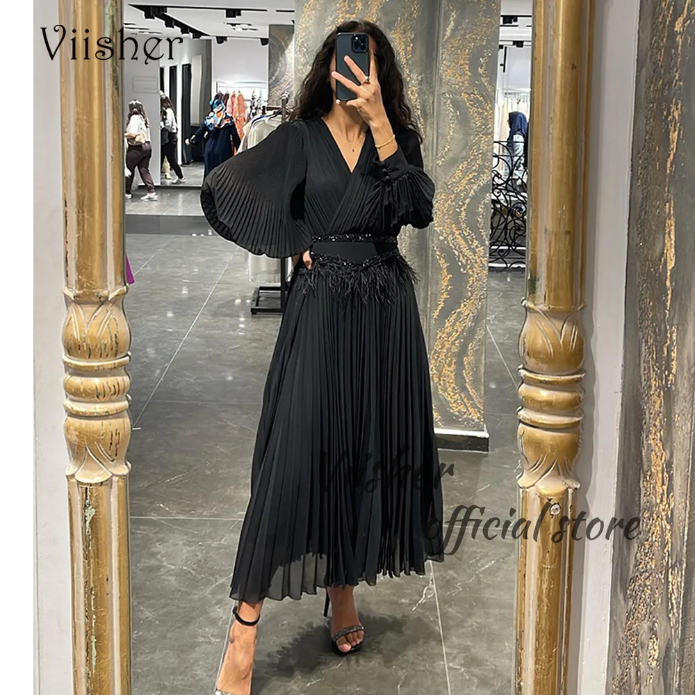 

Viisher Black Evening Dresses Long Sleeve Pleats Chiffon A Line Prom Party Dress with Feather Beads Dubai Arabia Formal Gowns