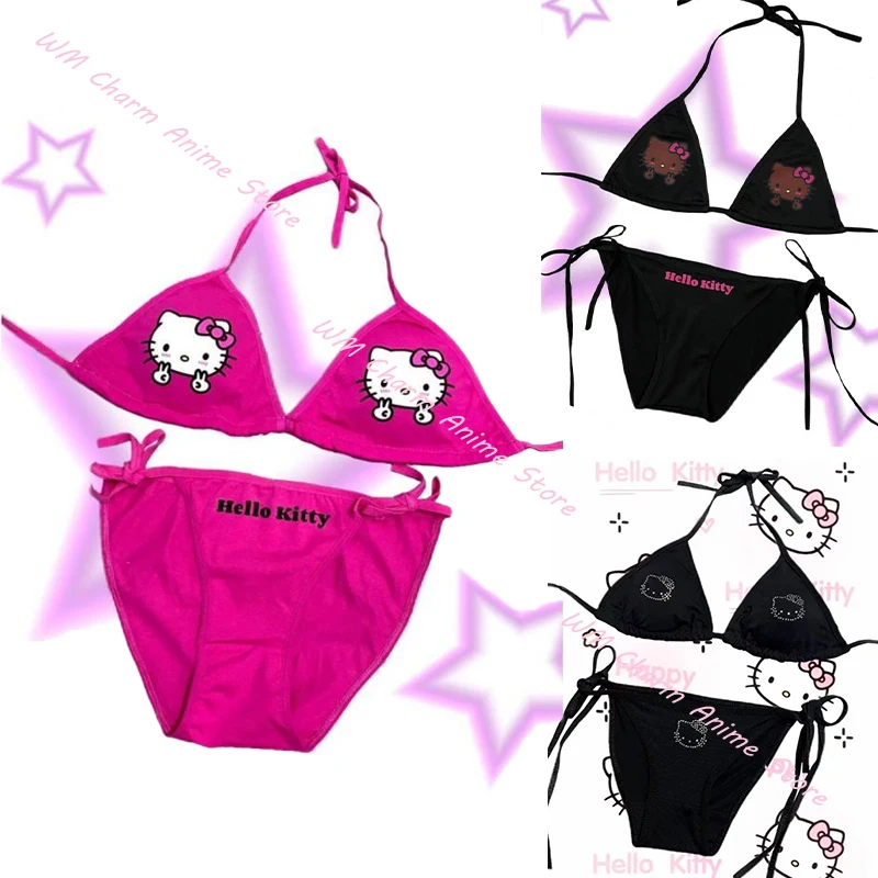 

Kawai Hello Kitty Bikini Y2K Cartoon Sanrio Kitty Cat Hottie Girls Suspender Bra Underwear Set Sexy Cute Triangle Cup Swimsuit