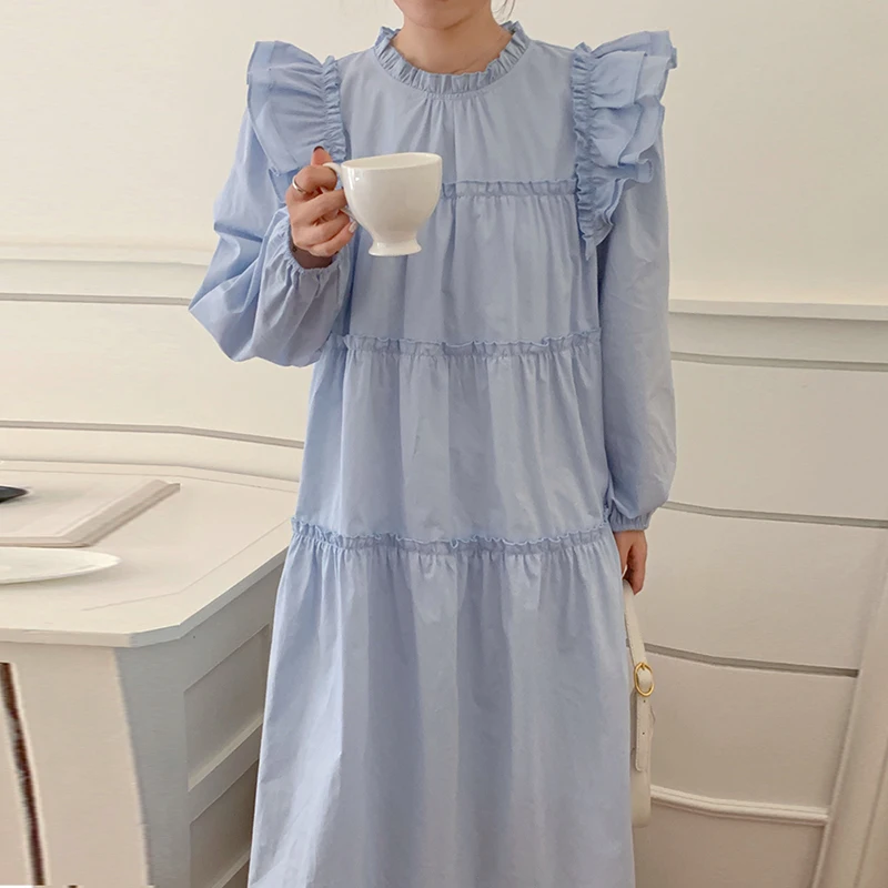 French Autumn Dress Women O-neck Ruffle Bubble Sleeve Long Skirt Casual Fashion Solid Color Cotton A-line Patchwork Dresses
French Autumn Dress Women O-neck Ruffle Bubble Sleeve Long Skirt Casual Fashion Solid Color Cotton A-line Patchwork Dresses