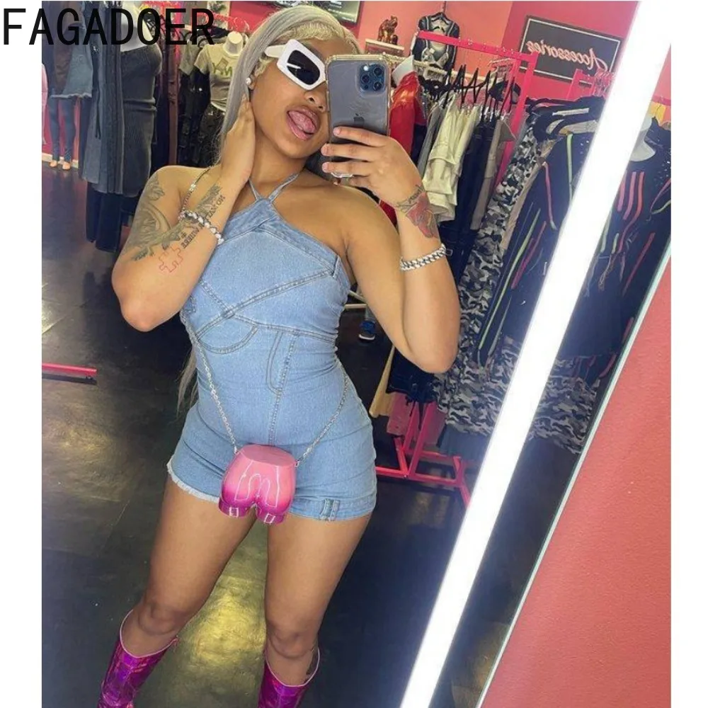 

FAGADOER Light Blue Fashion Halter Backless Denim Rompers Women Sleeveless Bodycon Jumpsuits Fashion Female Solid Cowboy Overall