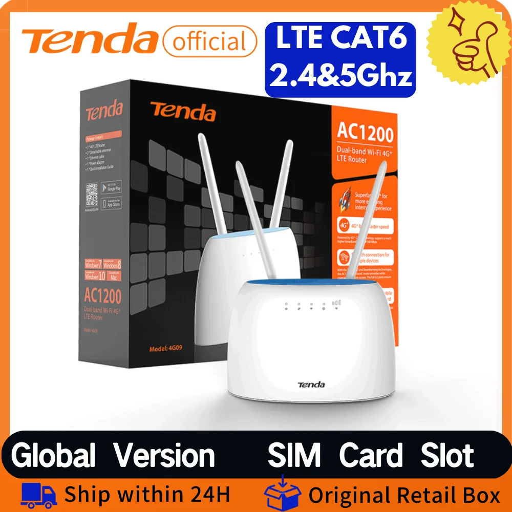 Tenda 4G Wireless Router LTE CAT6 2.4&5Ghz Modem Wifi router with Sim Card Slot AC1200 4G Wireless repetidor Hotspot Support VPN 
Tenda 4G Wireless Router LTE CAT6 2.4&5Ghz Modem Wifi router with Sim Card Slot AC1200 4G Wireless repetidor Hotspot Support VPN