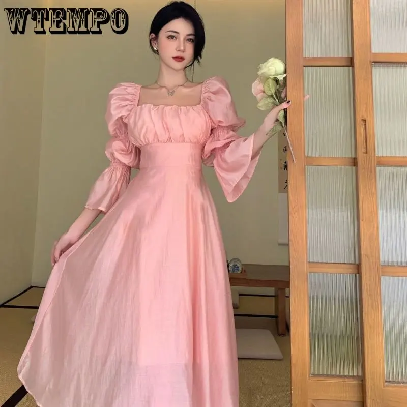 

WTEMPO Bubble Sleeve Dress for Women Spring and Summer 2023 New French Style Gentle Style Binding Design Solid Versatile Frock