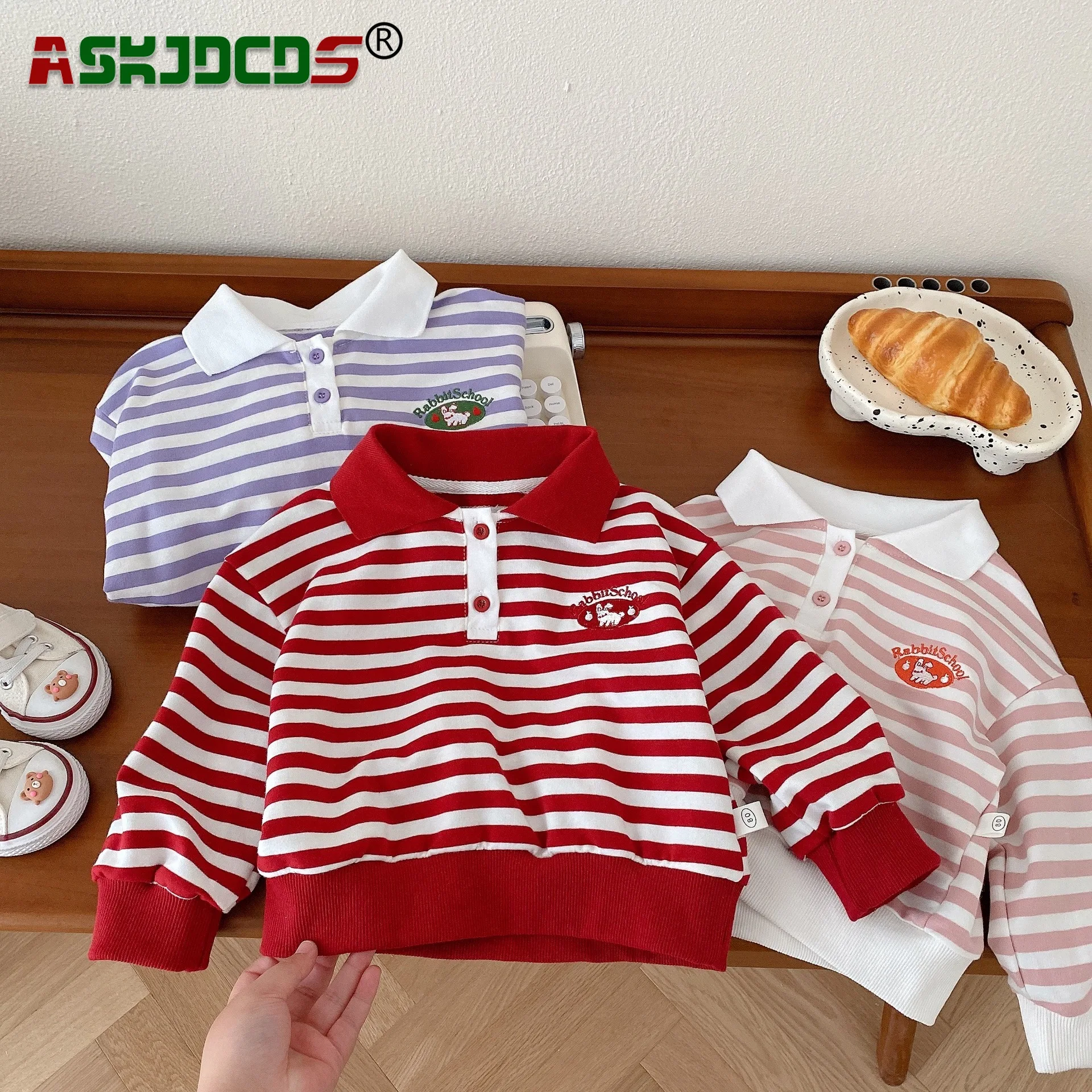 

2023 Autumn New Arrival Stylish Embroidered Striped Polo-shirts for Baby Boys and Girls Full Sleeve Turn-down Collar Tops 6M-5Y