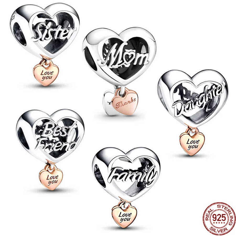 

Love You Mom Daughter Family Sister Best Friend 925 Sterling Silver DIY Heart Beads Fit Original Pandora Bracelet Charm Jewelry