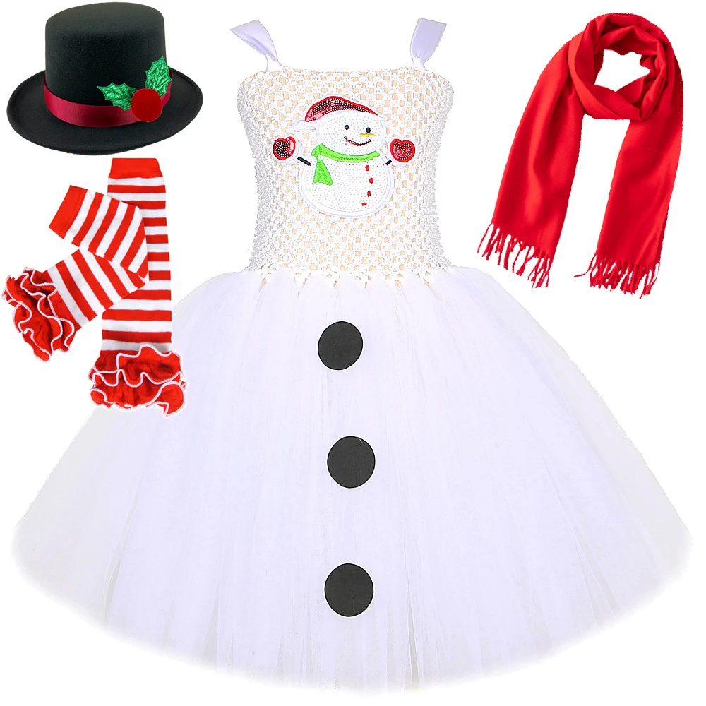 

Костюмы для маленьких девочек с изображением снеговика для детей, платья принцессы для рождественской вечеринки, Детская Новогодняя одежда, Рождественская одежда с шапкой, шарфом, носками