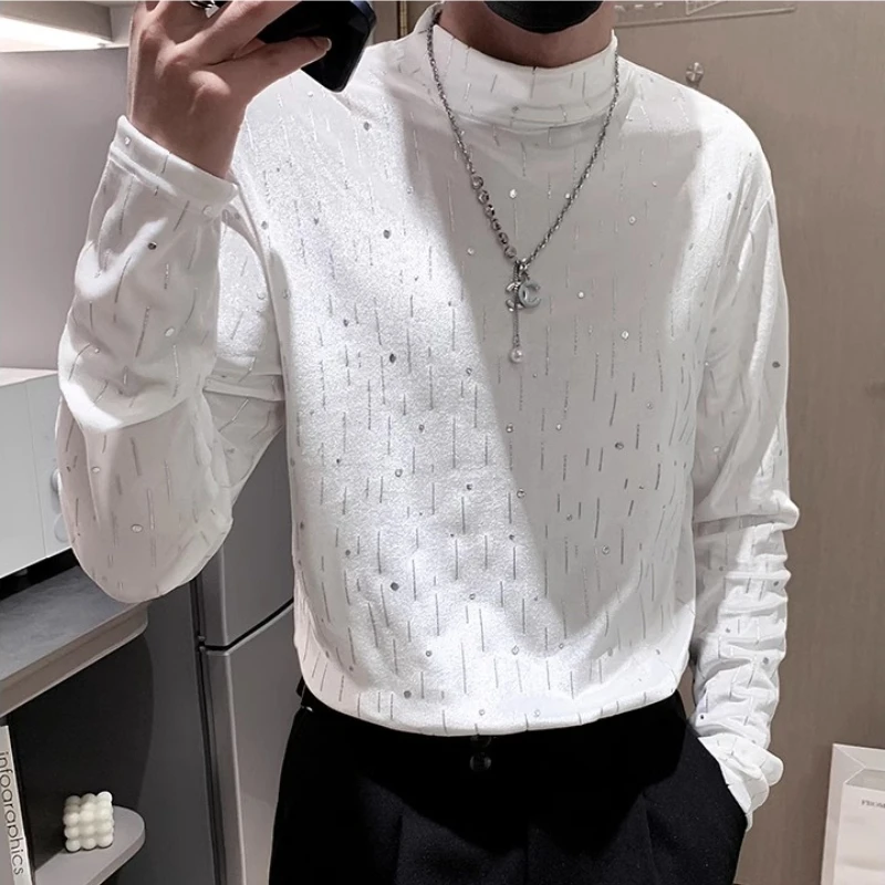 Autumn Winter Velvet Rhinestone T-shirt for Men Long Sleeve Half Turtleneck T-shirt Casual Business Social Bottoming Shirt 2023
Autumn Winter Velvet Rhinestone T-shirt for Men Long Sleeve Half Turtleneck T-shirt Casual Business Social Bottoming Shirt 2023