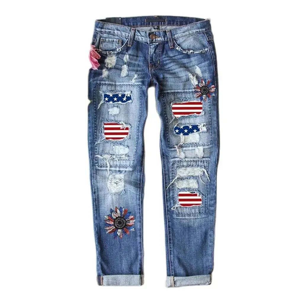 

Spring/Autumn 2024 Fashion Euro-American Hip-Hop Style Jeans Women Mid Waist Broken Hole Applique Straight Type Cowboy Pants