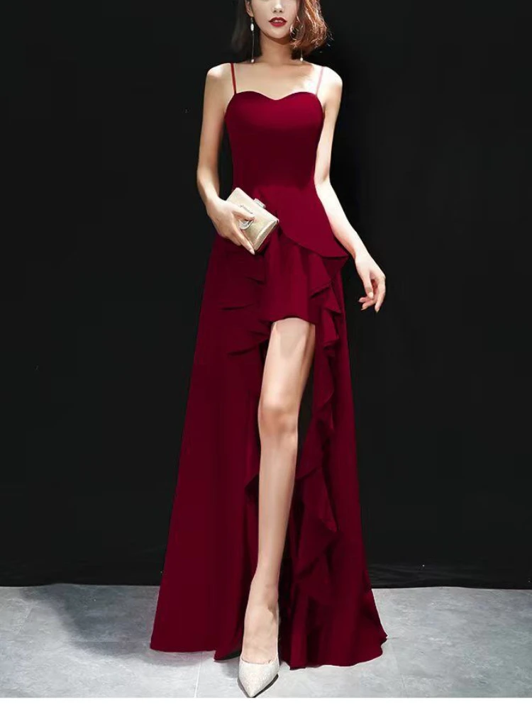 

Irregular Front Short Back Long Formal Occasion Evening Dresses High Waist Slit Sexy Dress Solid Elegant Suspender Party Dress