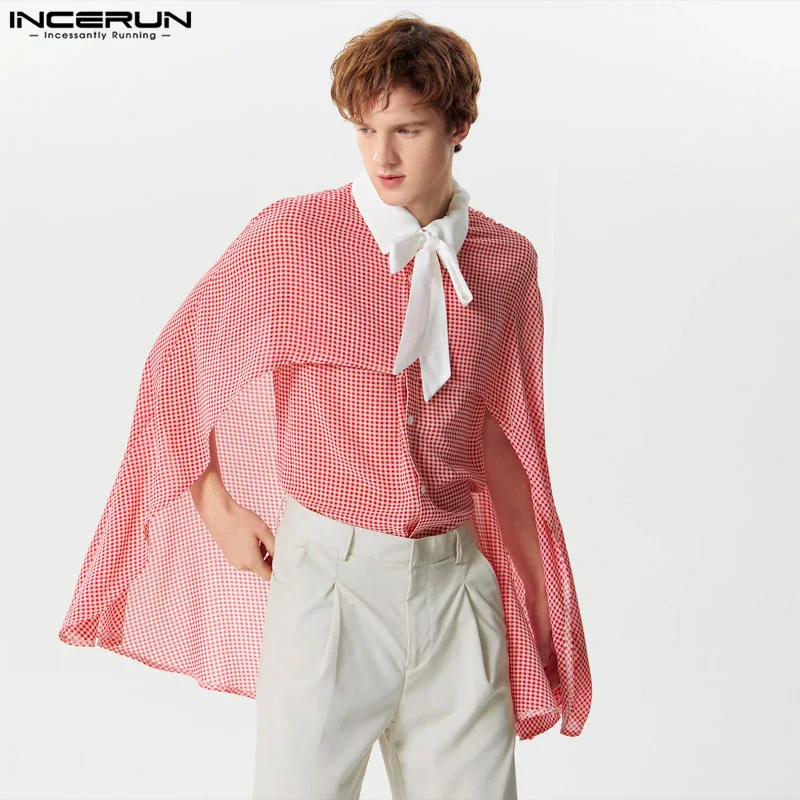 

Рубашка INCERUN мужская клетчатая в стиле пэчворк, Повседневная тонкая Асимметричная блуза с отложным воротником, со шнуровкой, уличная одежда, 2024