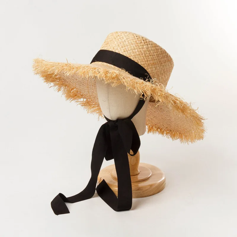 

Summer Ladies Wide Brim Straw Sun Hat Outdoor Parent-child hat Sunshade Hat Handmade White Weave Ribbon Beach Caps