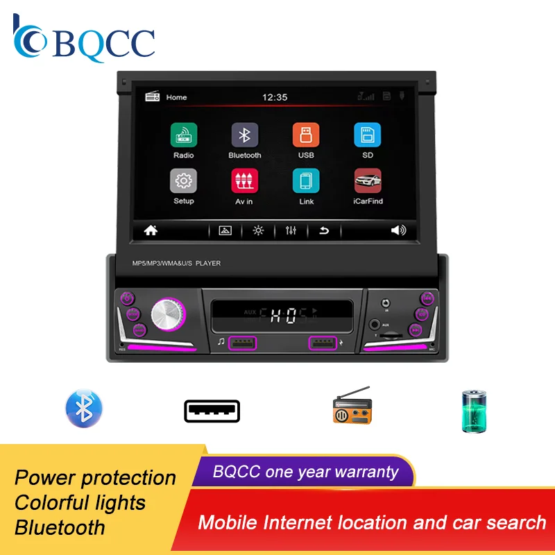

BQCC 7 Inch HD Wireless Android Auto CarPlay 1Din Video Multimedia MP5 Player Retractable Screen Mirror Link Car BT/FM/USB/AUX