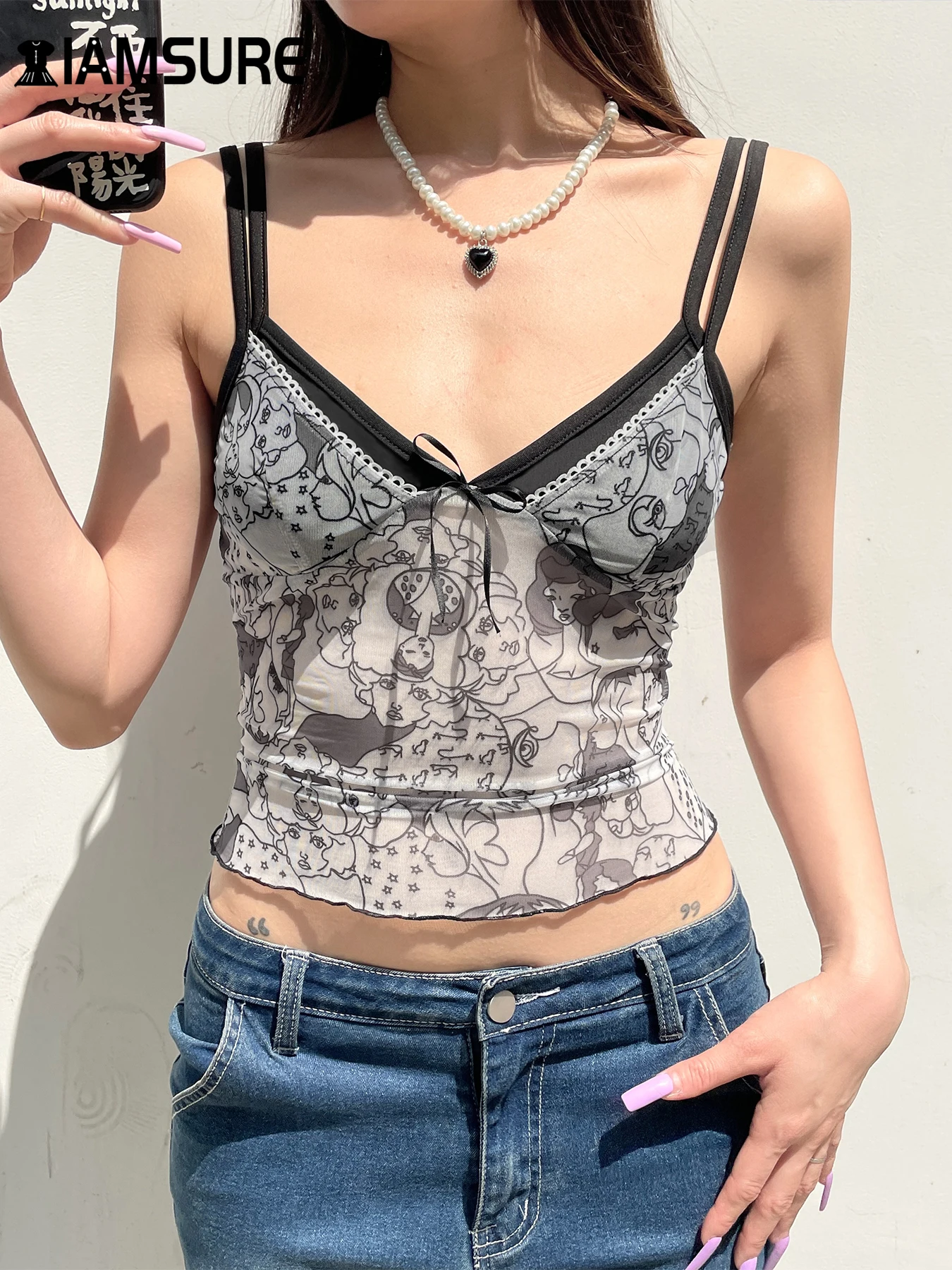 

IAMSURE Holiday Sexy Printed Mesh Camis Top See Through Slim Deep V-Neck Sleeveless Tank Tops Women Summer Fashion Streetwear