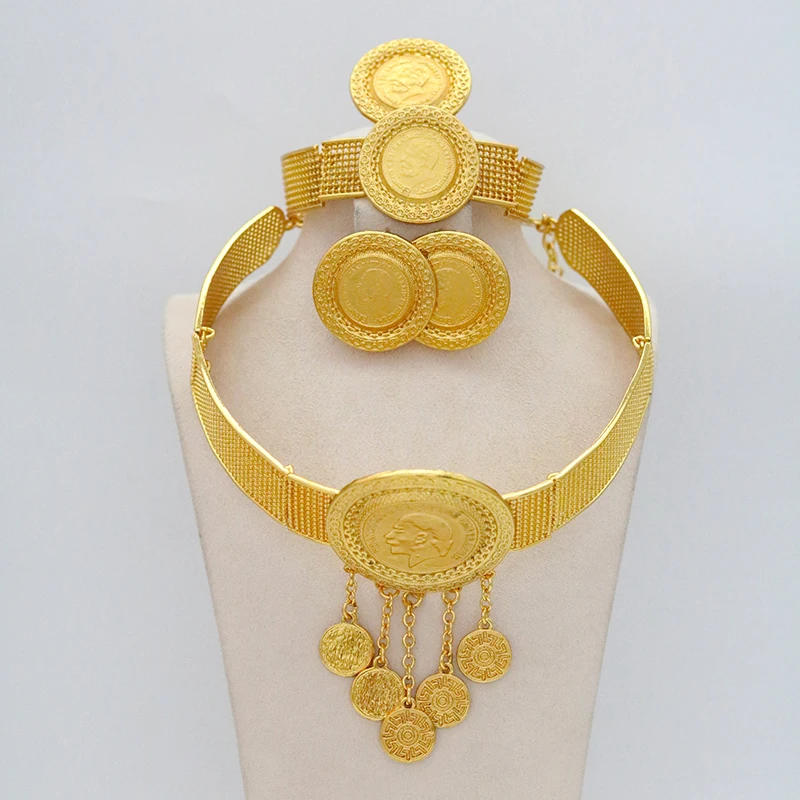 Indian Wedding Fashion Gold Big Coin Jewelry Pearl Diamond Set Ladies Pendant African Coin Necklace Earring Bracelet
Indian Wedding Fashion Gold Big Coin Jewelry Pearl Diamond Set Ladies Pendant African Coin Necklace Earring Bracelet
