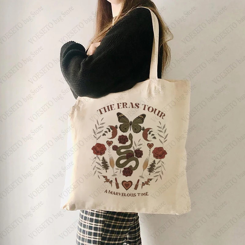 

The Eras Tour Pattern Tote Bag Floral Book Album Canvas Taylor Merch Shoulder Bag Taylor's Version Tote Bag TS Fans Merch