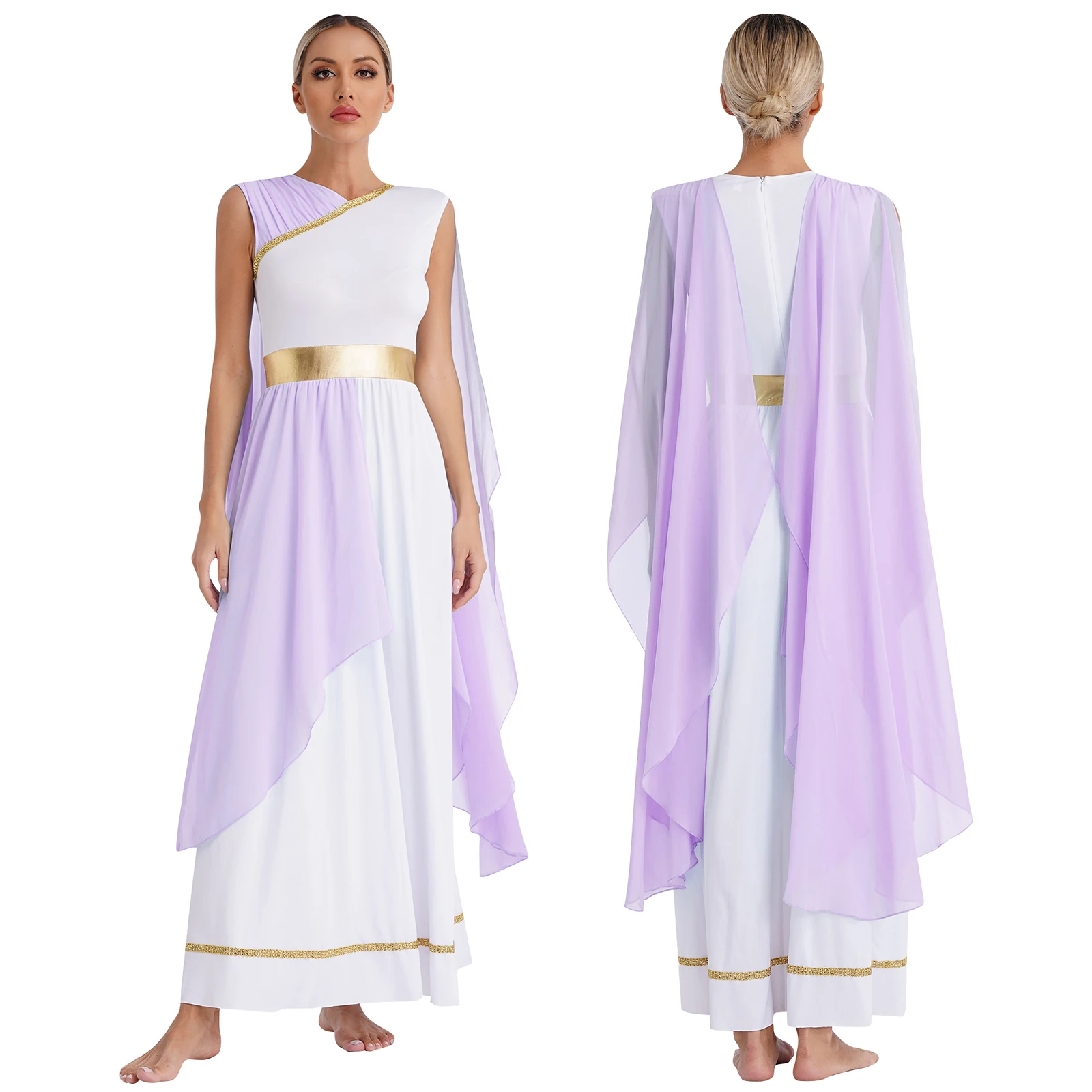 

Womens Ancient Greek Princess Cosplay Costume Theme Party Greece Roman Queen Role Play Chiffon Gold Trims Vintage Toga Dress