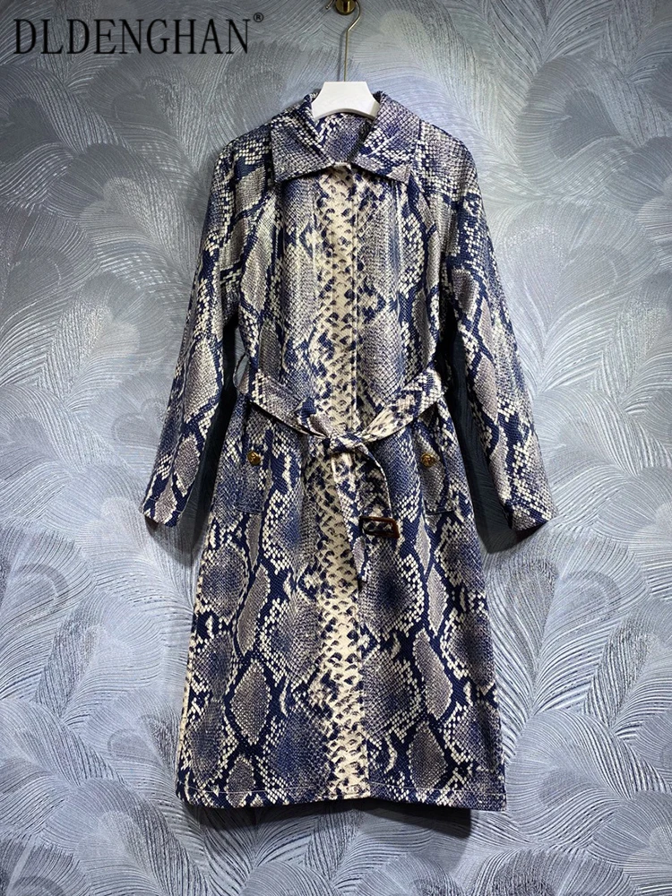 

DLDENGHAN Autumn Winter Trench Coat Women Long Sleeve Belt Serpentine Print Single Breasted Vintage Outwear Fashion Runway New