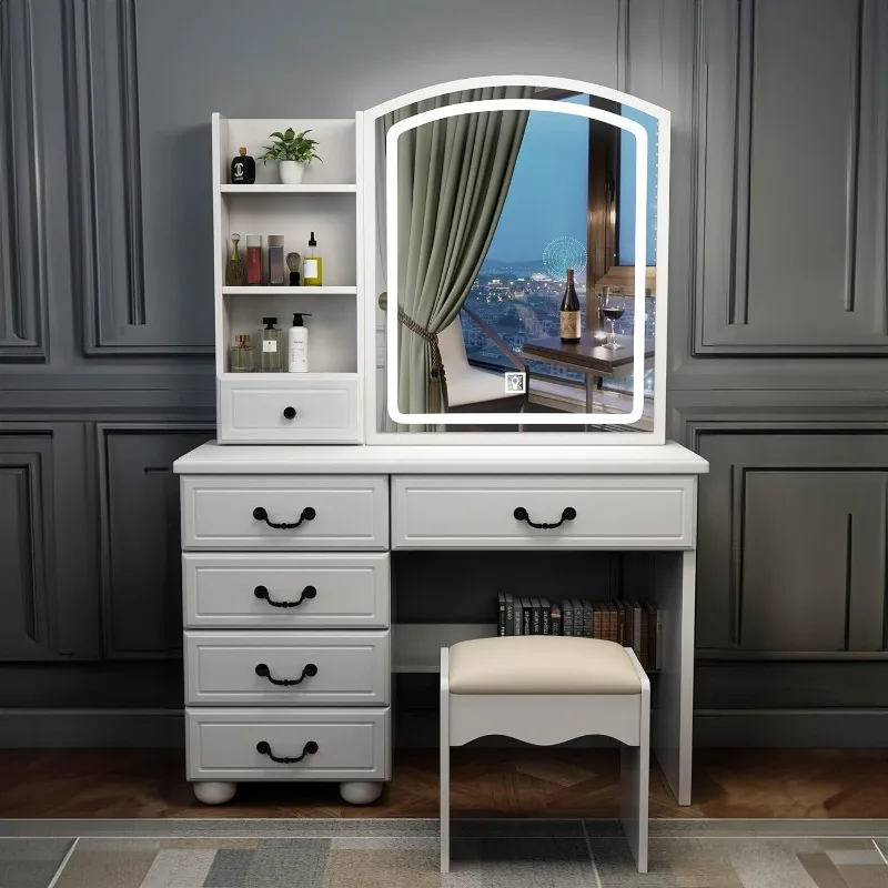 Vanity Makeup Desk with Mirror and Lights,Vanity Table Set with Upholstered Stool and Drawers,Makeup Table with Shelves
Vanity Makeup Desk with Mirror and Lights,Vanity Table Set with Upholstered Stool and Drawers,Makeup Table with Shelves