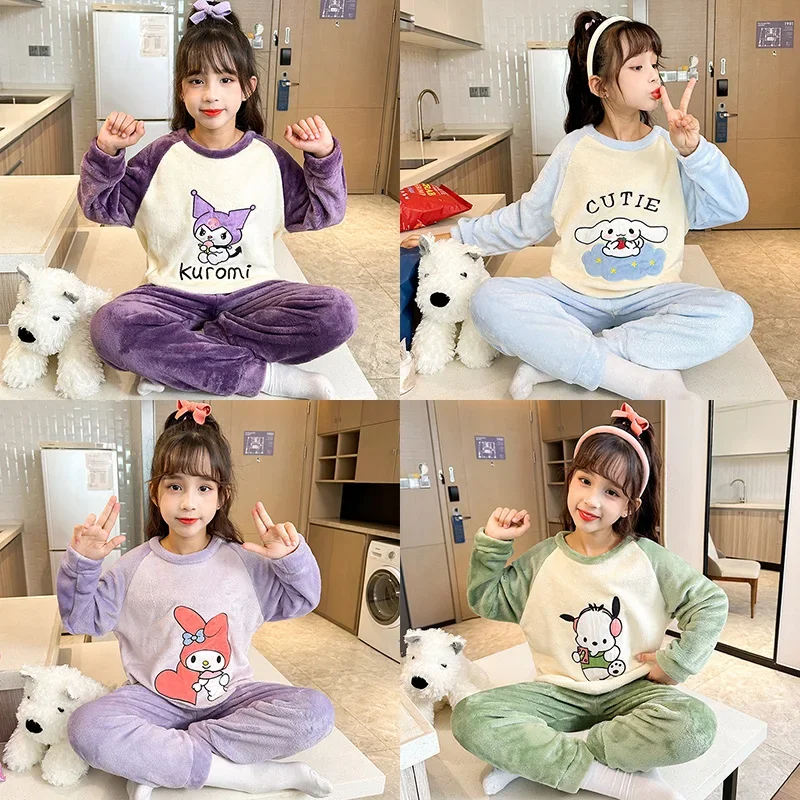 

Winter Flannel Children Pajamas Set Miniso Kawaii Anime Kuromi Melody Cinnamoroll Pochacco Boy Girl Warm Sleepwear Kids Homewear