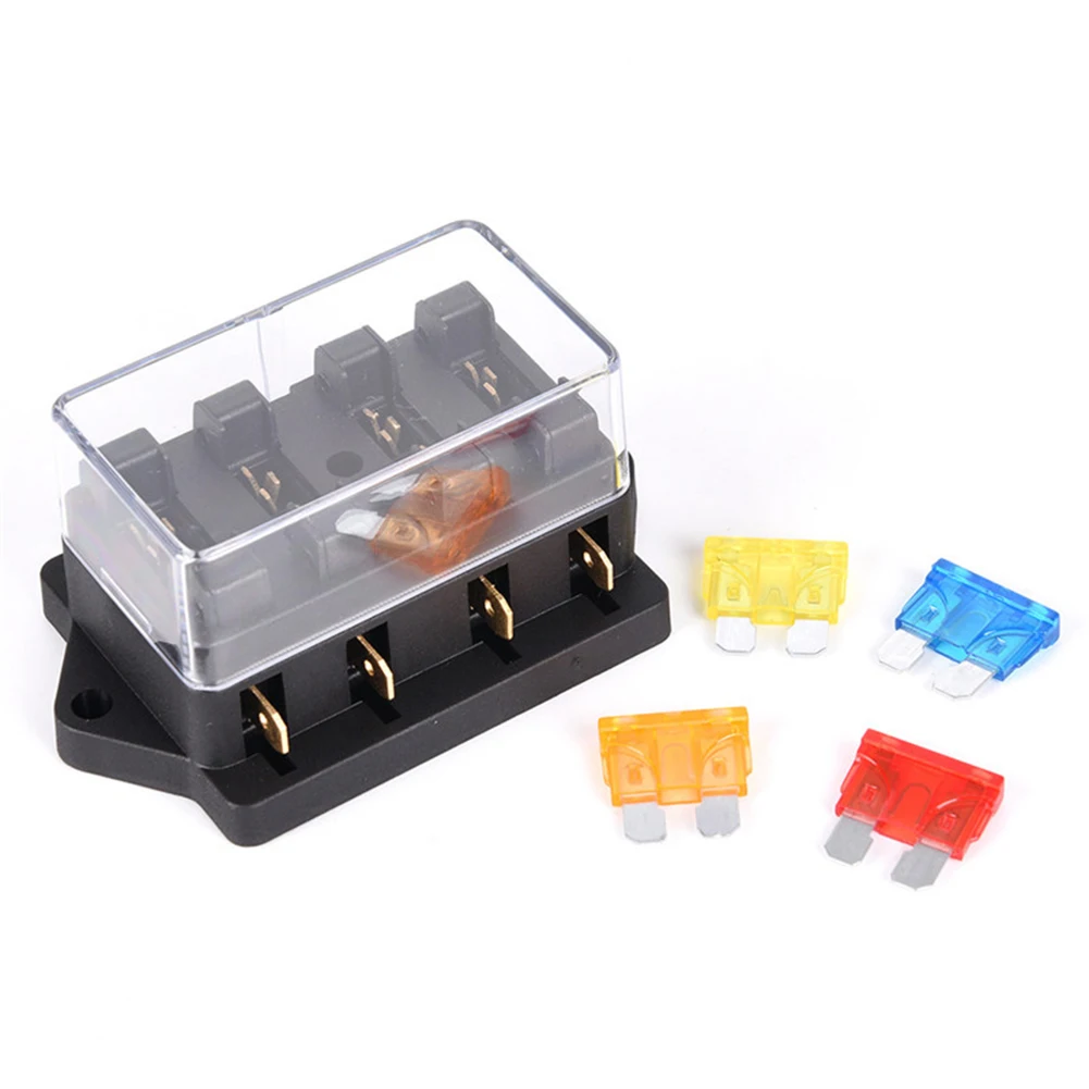 Car 4 Way Circuit Standard ATO Blade Fuse Box Block Holder 12V/24V+4 Fuses (5A+10A+15A+20A) Suitable For 12V/24V Cars 8*5*4CM
Car 4 Way Circuit Standard ATO Blade Fuse Box Block Holder 12V/24V+4 Fuses (5A+10A+15A+20A) Suitable For 12V/24V Cars 8*5*4CM