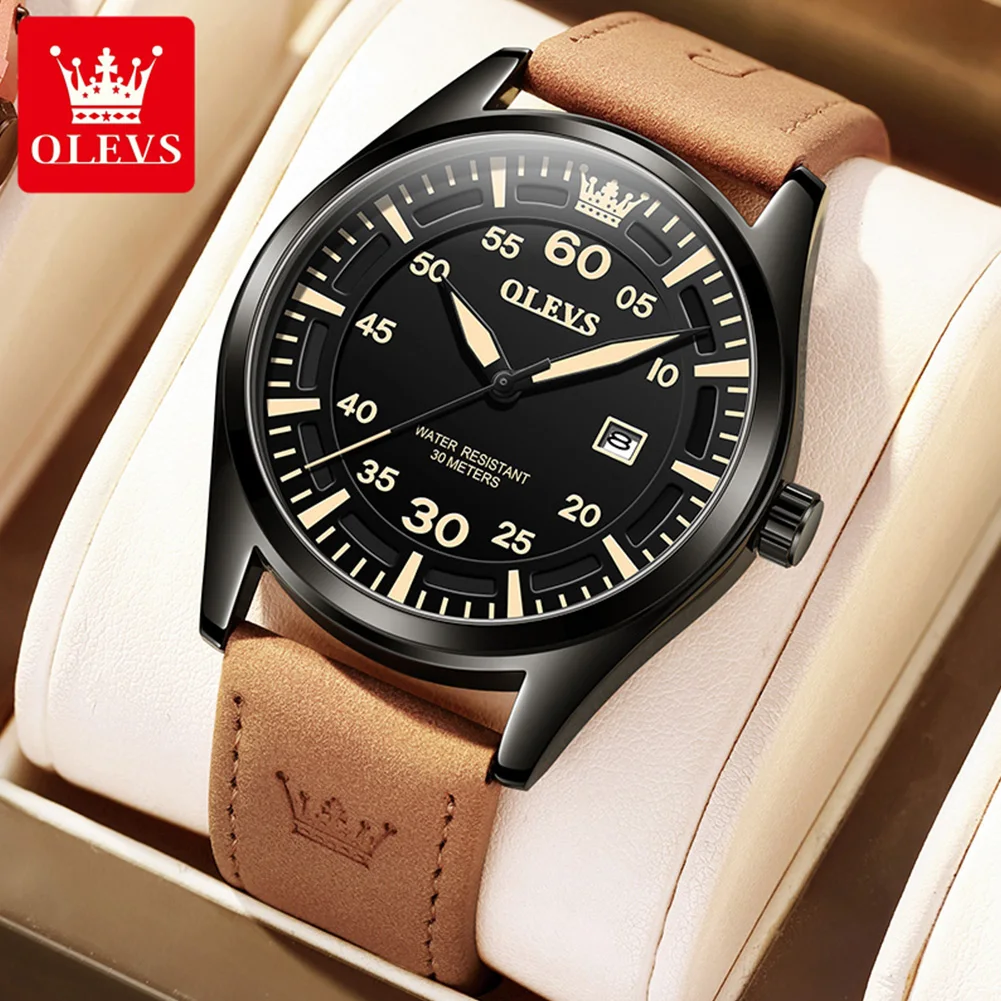 

OLEVS Quartz Watch for Man Fashion Frosted Leather Strap Calendar Digital Big Dial Waterproof Original Business Men's Wristwatch