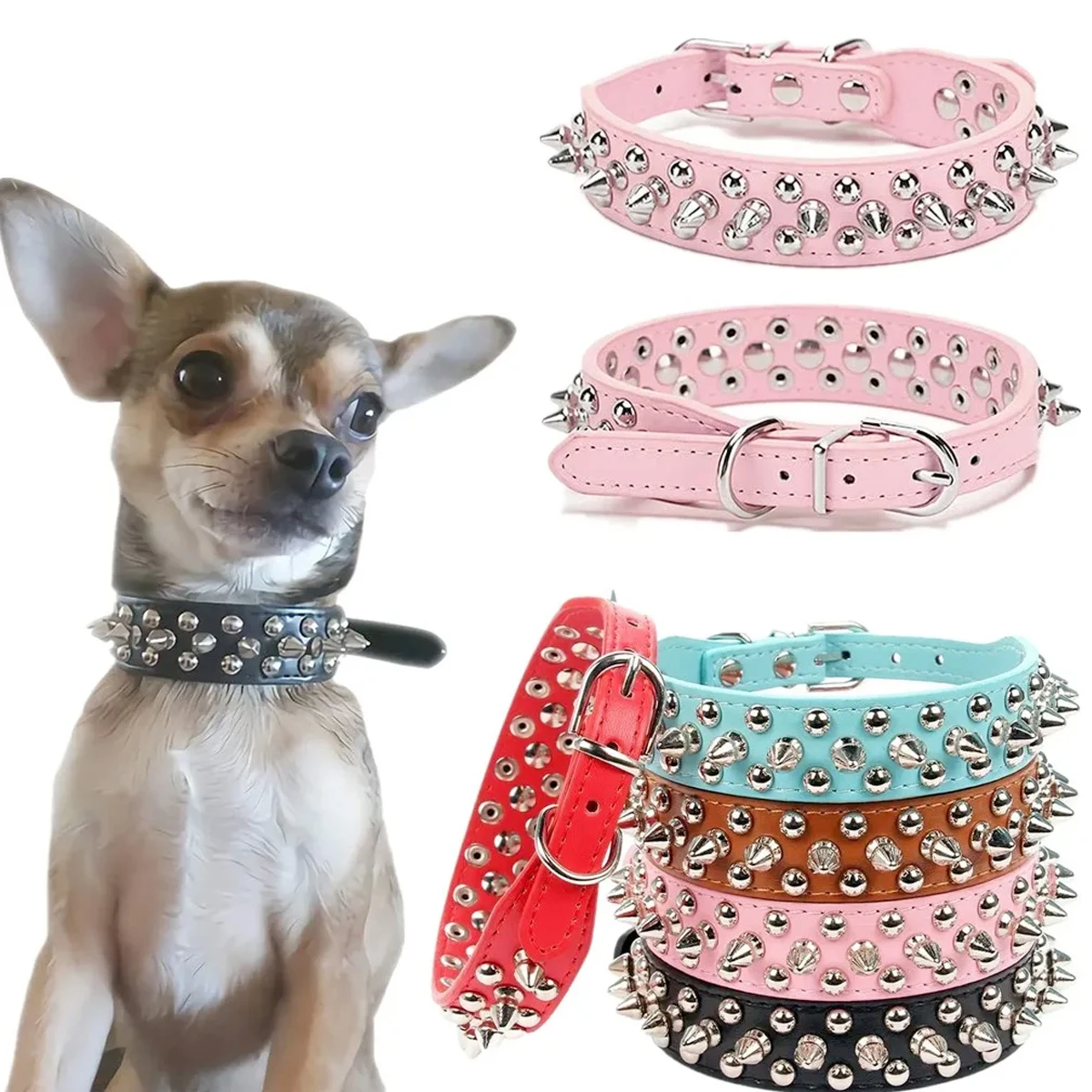 

Adjustable Leather Pet Dog collar Neck Strap Supplies PU Leather Punk Rivet Spiked Dog Collar Pet Collars For Small Dog Cat