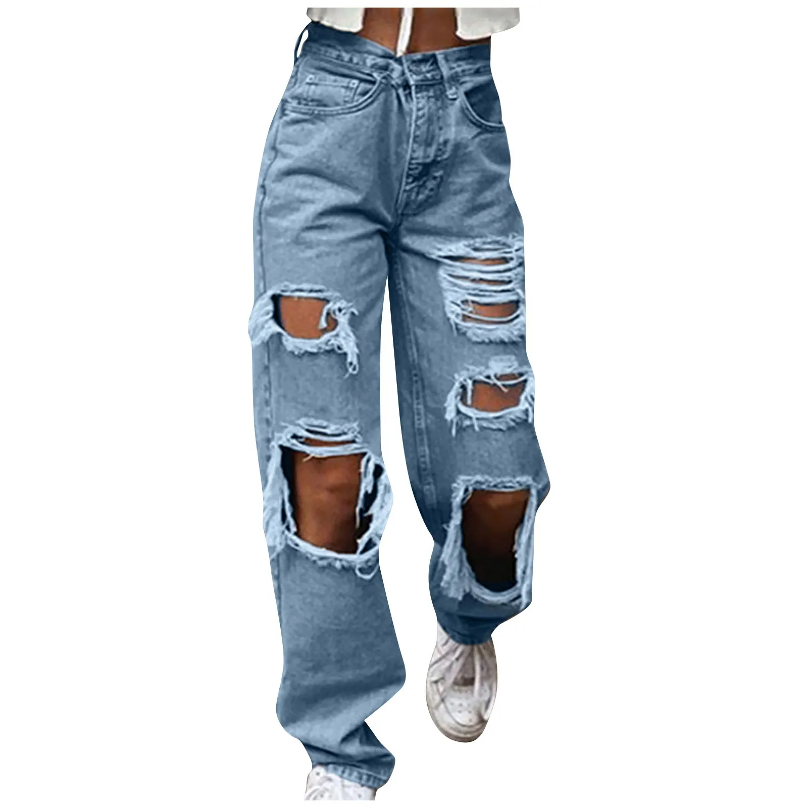 

Harajuku Women Fashion Jeans Street Ripped Details Straight Leg Denim Trousers Simple Casual Baggy Pocket Pants Ropa De Mujer