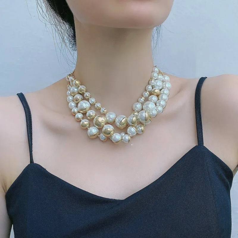 

Gold Layered Necklace For Women Luxury Elegant Big Pearls Clavicle Chain Female Party Korean Fashion Jewelry Accessories Gift