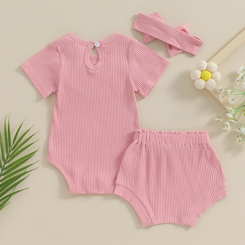 

Summer Newborn Baby Girl Clothes Ribbed Outfit Short Sleeve Ruffle Romper Bow Shorts With Headband Solid 3Pcs Set