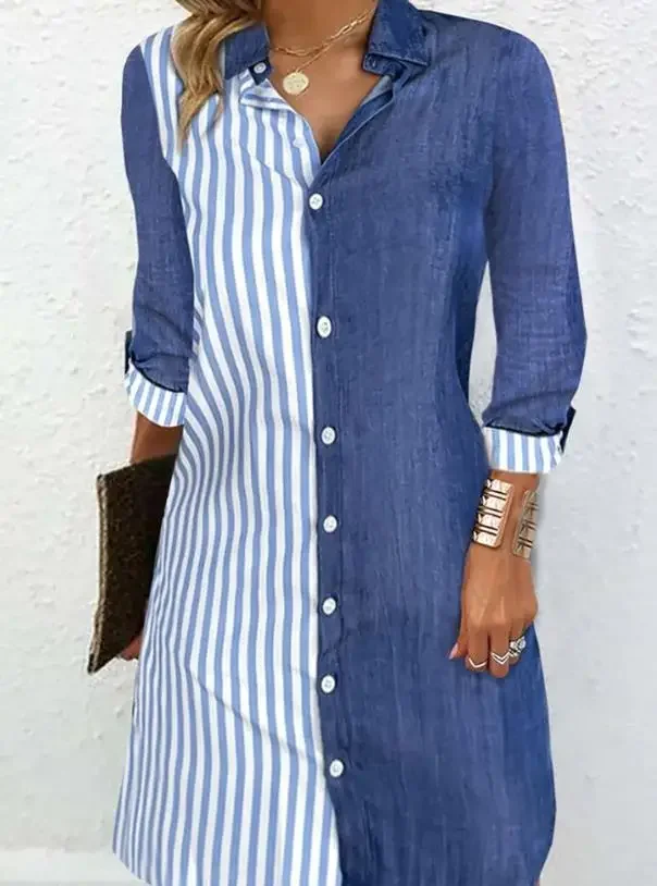 

Women's Fashion Striped Colorblock Buttoned Shirt Dress 2024 Spring Casual Turn-down Collar Long Sleeve Daily Mini Dress