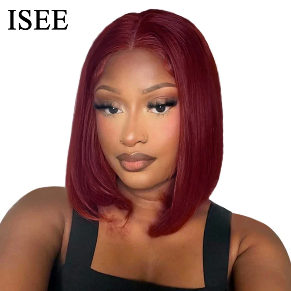 

99J Burgundy Short Bob Wig Wear Go ISEE Hair 6x4 Lace Front Wigs Brazilian Human Hair Pre Cut Pre Plucked Glueless Straight Wig