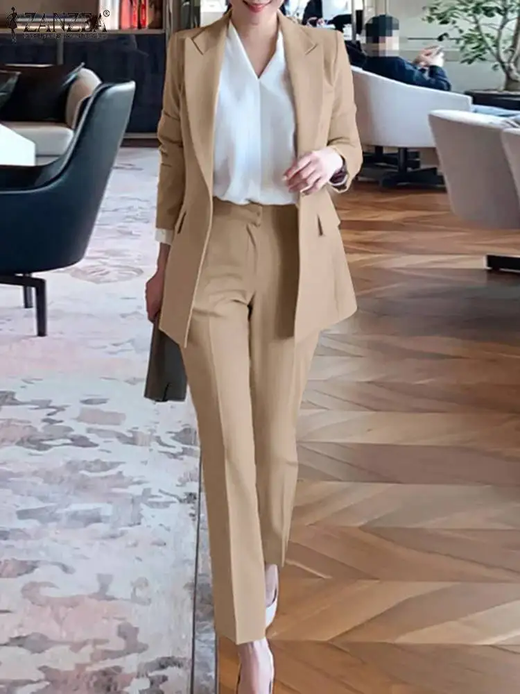 

Костюм ZANZEA женский офисный из 2 предметов, элегантный модный однотонный спортивный костюм с брюками, блейзер с длинным рукавом, весна 2024