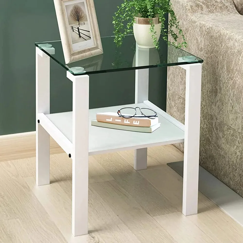 

Glass End Table, Living Room Sofa Side Table, 2 Layer White Small Corner Table, Night Stands for Bedroom Mordern Furniture