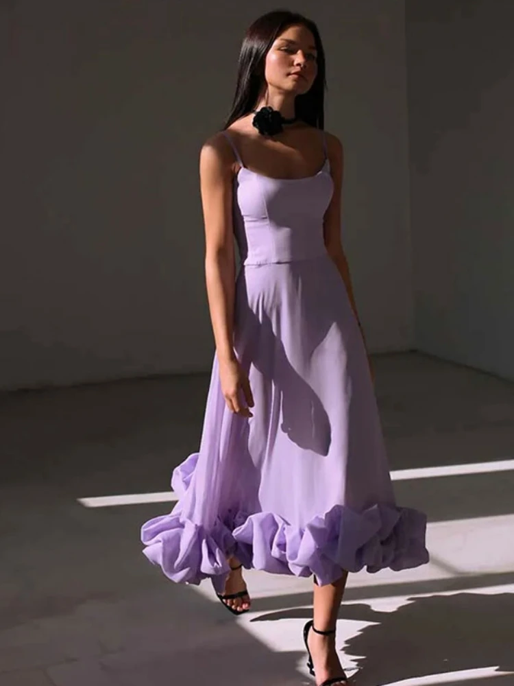 

Fashion Women Lavender Spaghetti Strap A Line Sleeveless Patchwork Ruffles Long Dress Birthday Evening Cocktail Party Dresses