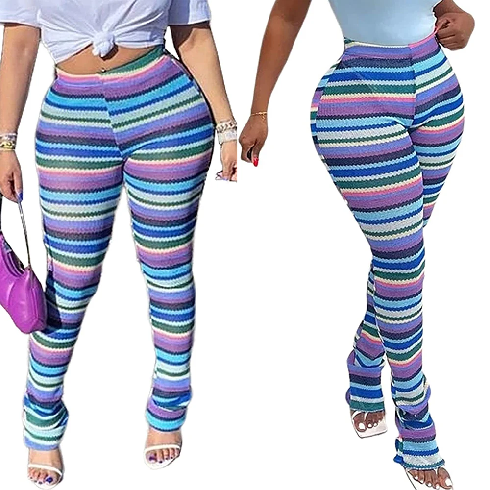 Striped Ruffled Legging Pants for Women Y2K Rainbow Ribbed Knit Stacked Pants Streetwear Elastic Mid Waist Flared Trousers 
Striped Ruffled Legging Pants for Women Y2K Rainbow Ribbed Knit Stacked Pants Streetwear Elastic Mid Waist Flared Trousers